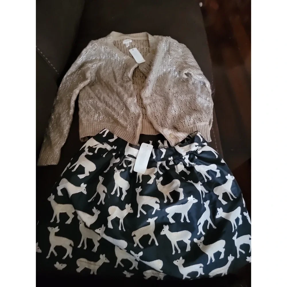 Gymboree holiday shop sparkle.gold sweater‎ deer skirt size medium 7 8 nwt